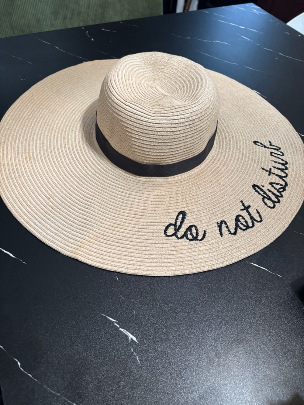 Chic Beige Straw Sun Hat with Black Embroidery